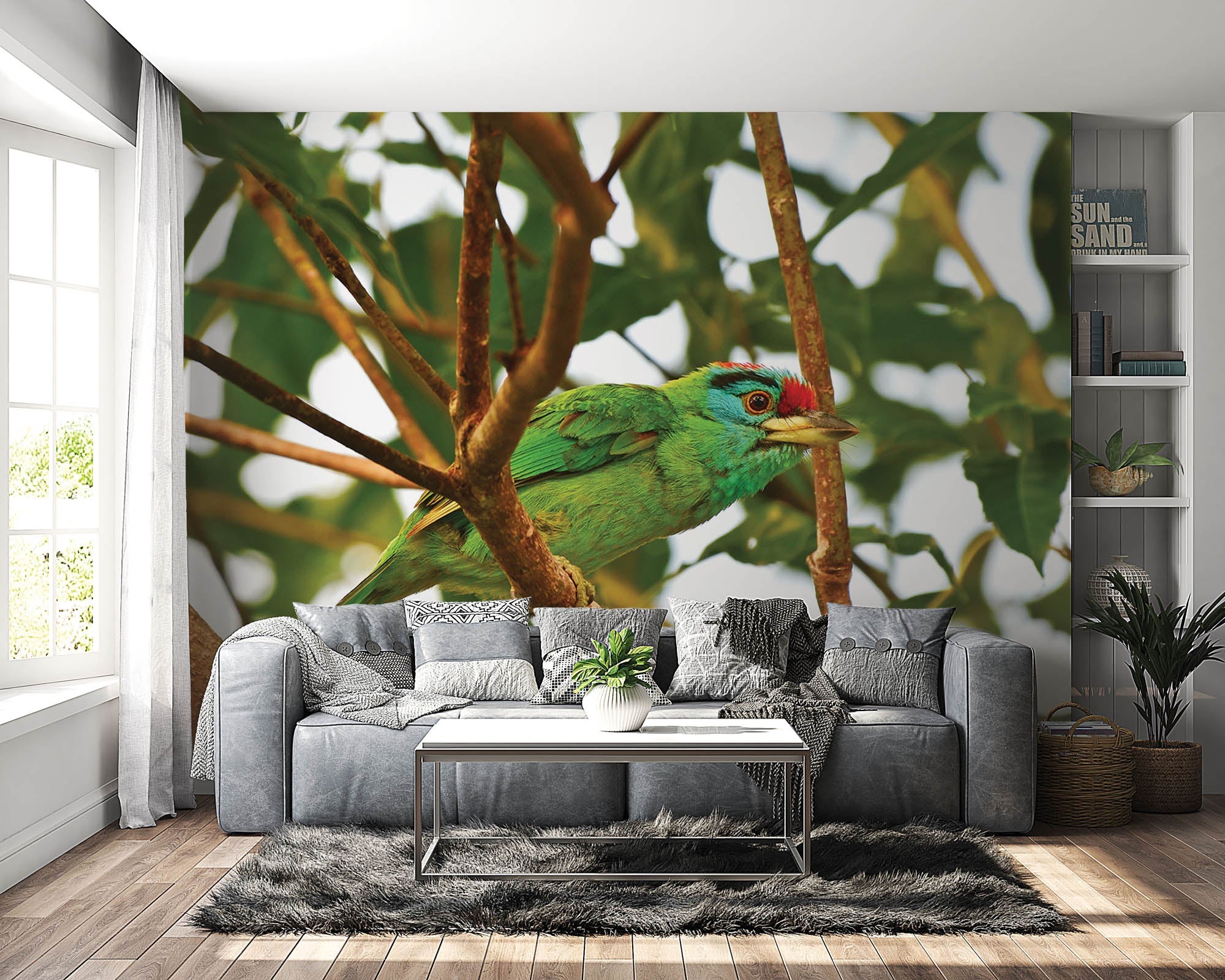 Blauwkeelbaardvogel op tak - LW00198