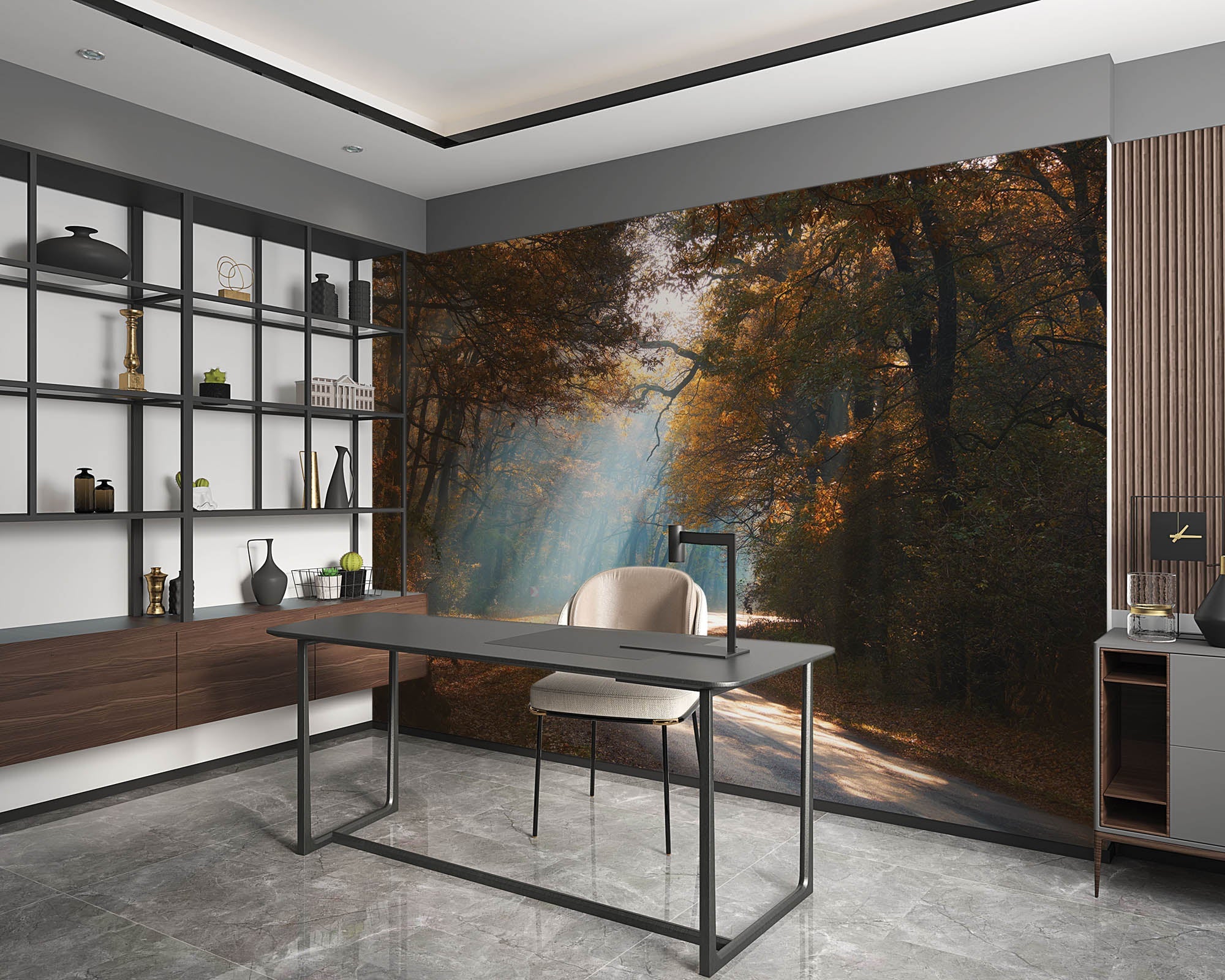 Een weg door mistig herfstbos - LW00259