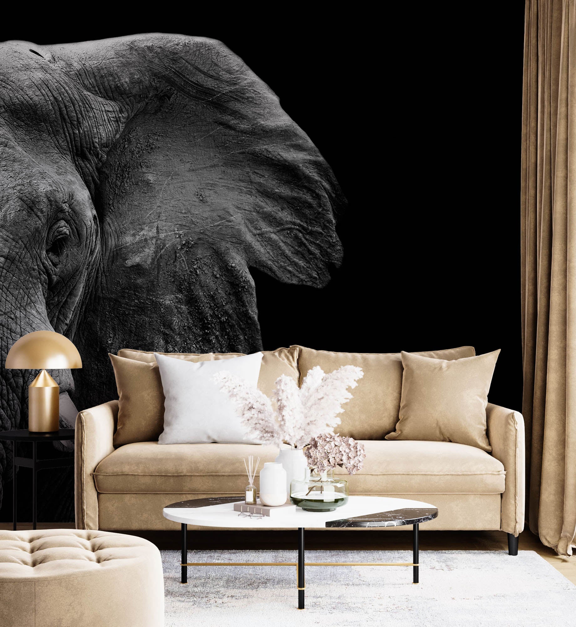 Half beeld van olifantenhoofd in zwart-wit - LW00231