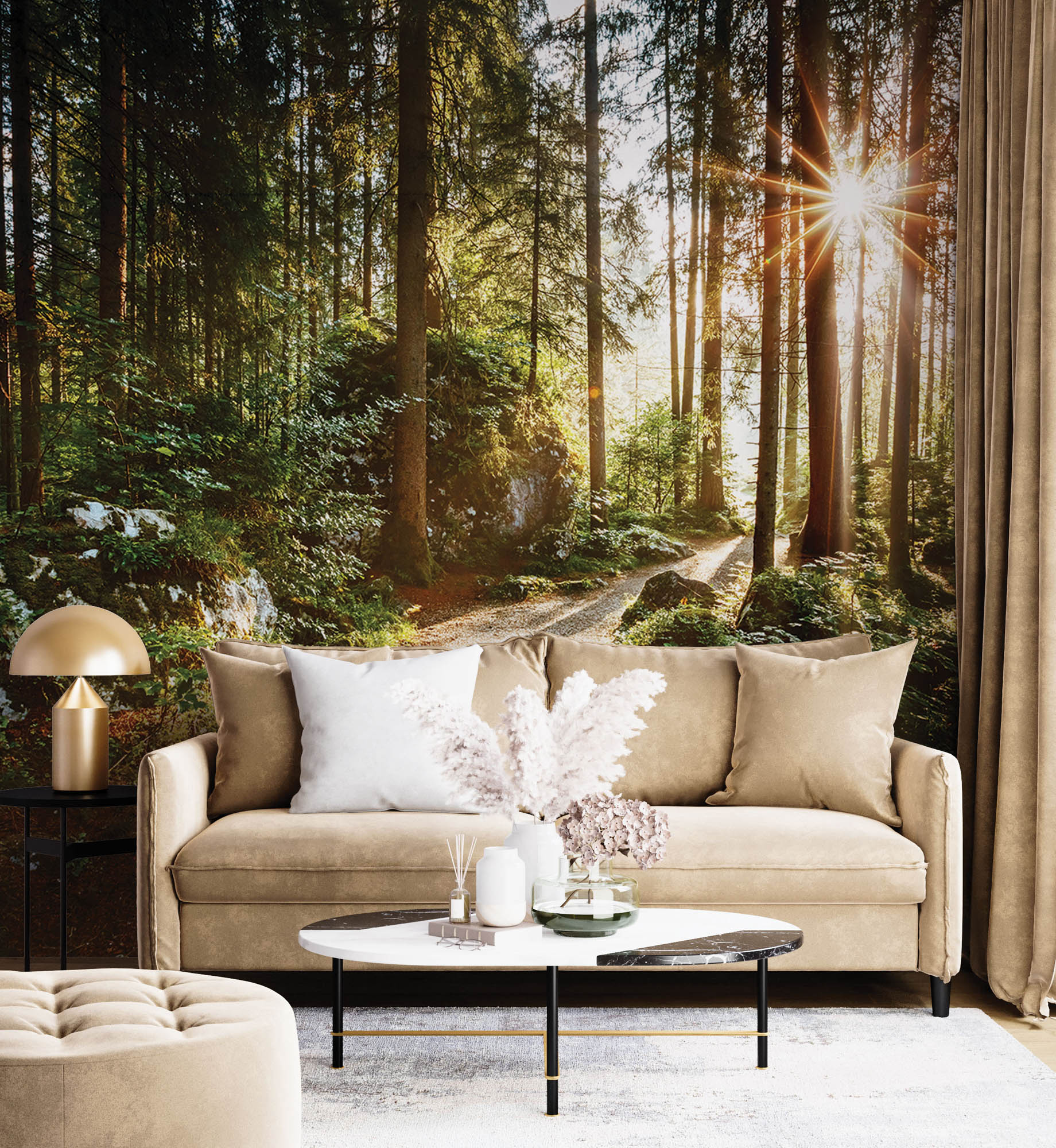 Un sentier à travers une forêt verte avec des rayons de soleil - LW00271