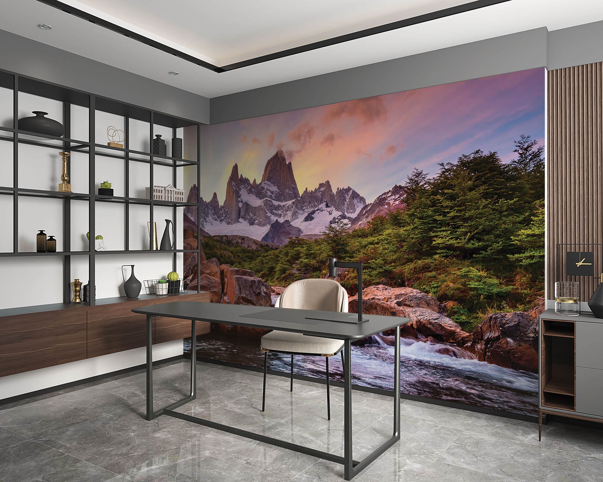 Besneeuwde bergtoppen met waterval - LW00274