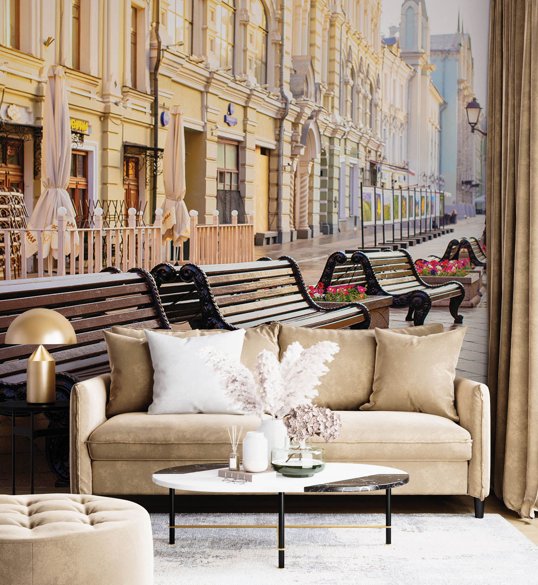 Lege straat met vele bankjes in Moskou - LW00376