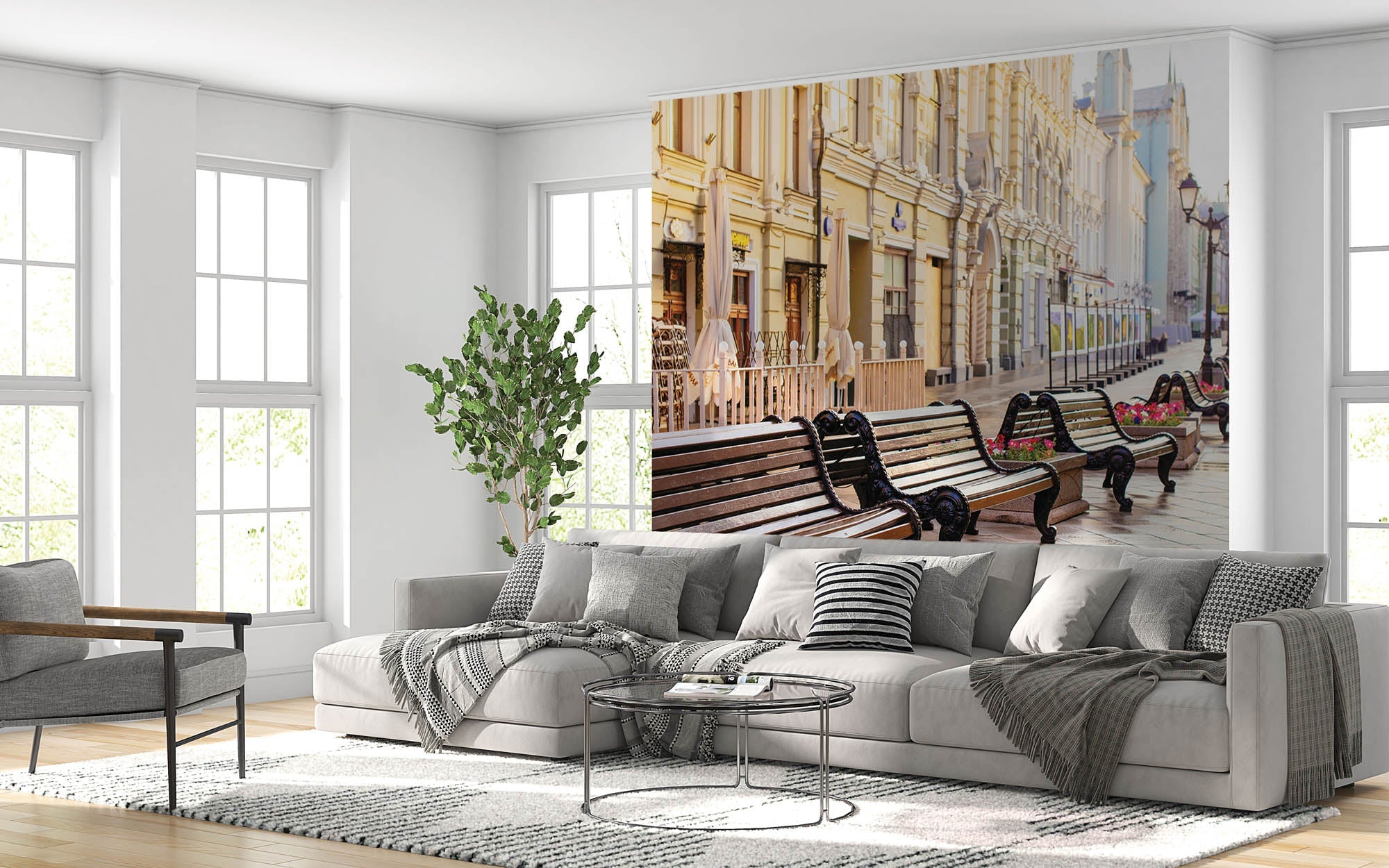 Lege straat met vele bankjes in Moskou - LW00376