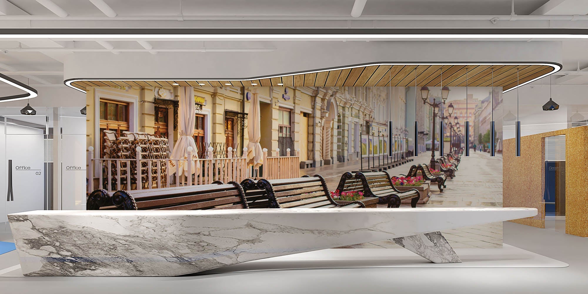 Lege straat met vele bankjes in Moskou - LW00376