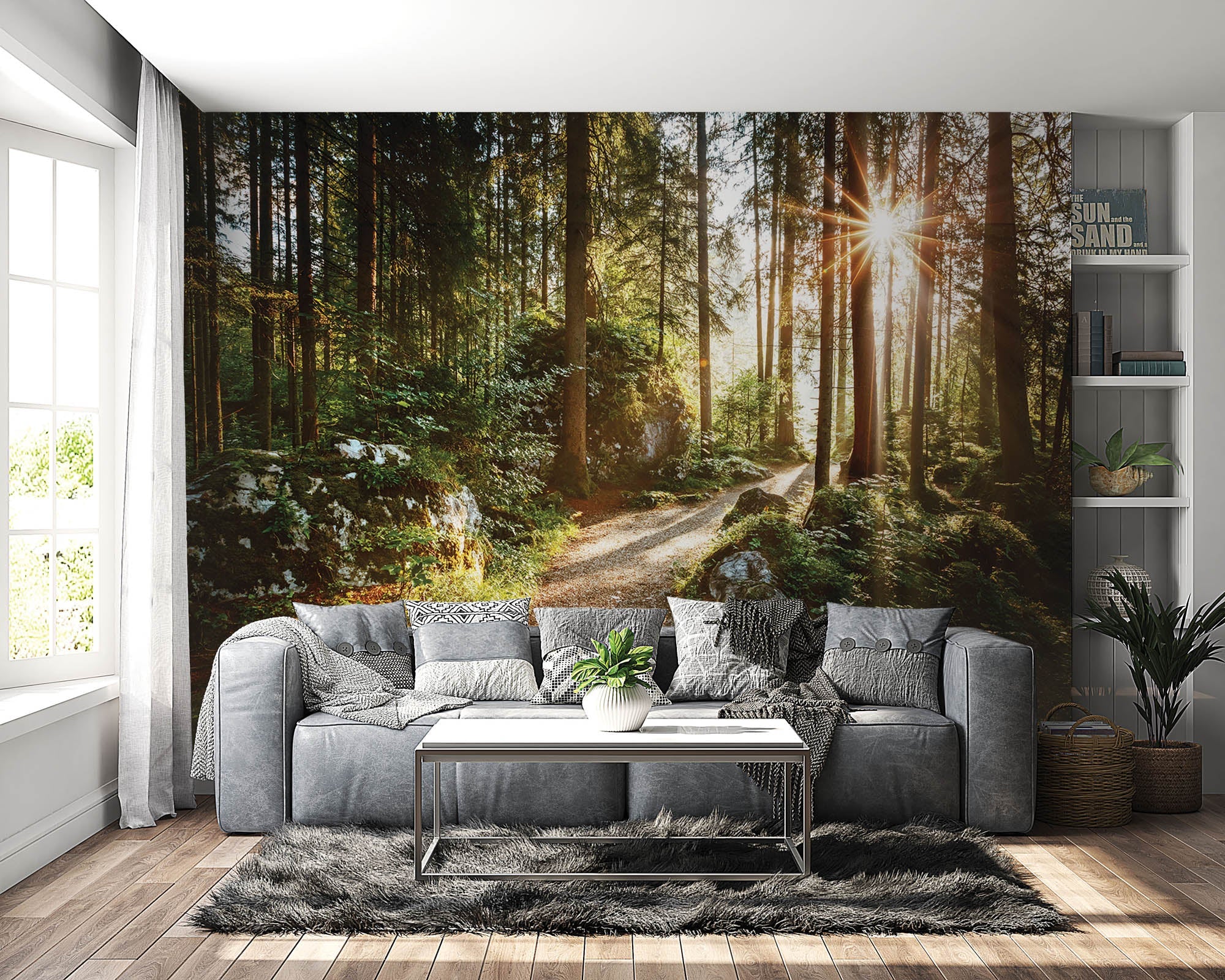 Un sentier à travers une forêt verte avec des rayons de soleil - LW00271