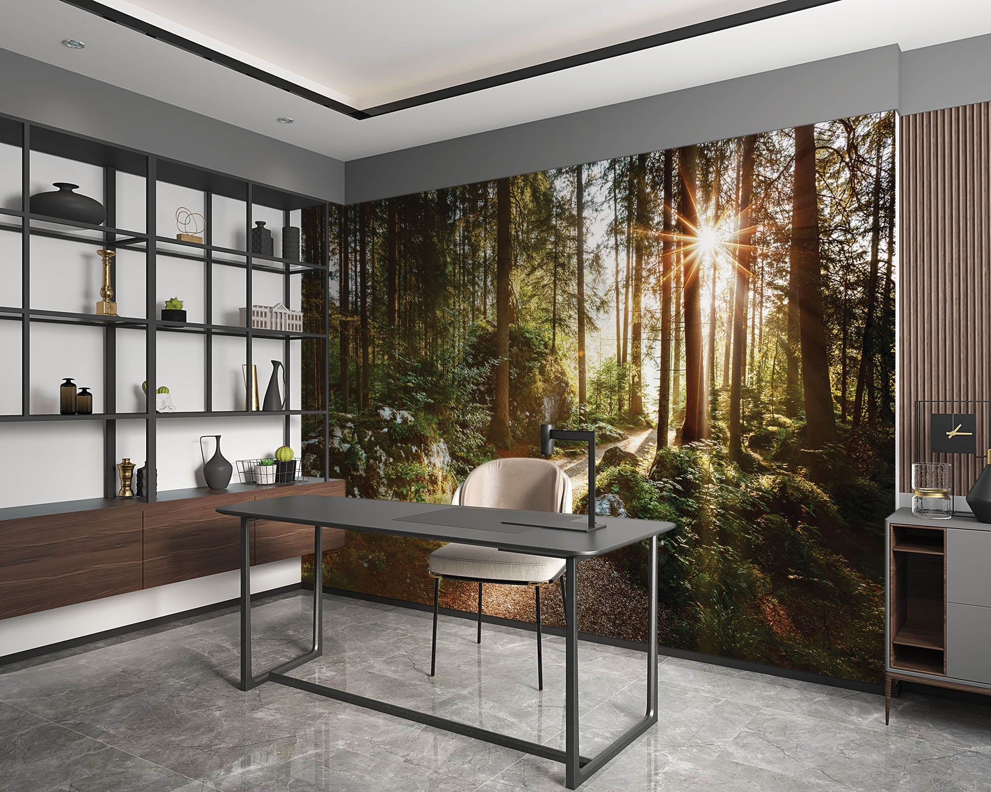 Un sentier à travers une forêt verte avec des rayons de soleil - LW00271