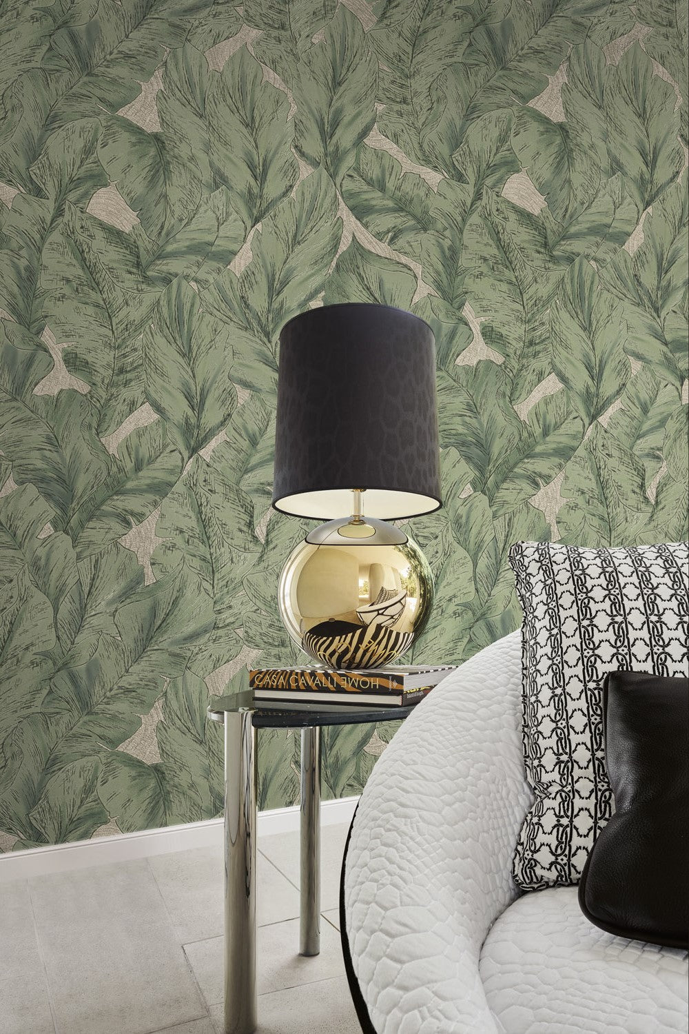 Roberto Cavalli 9 - Bladeren Groen/Beige - 21077 Behang